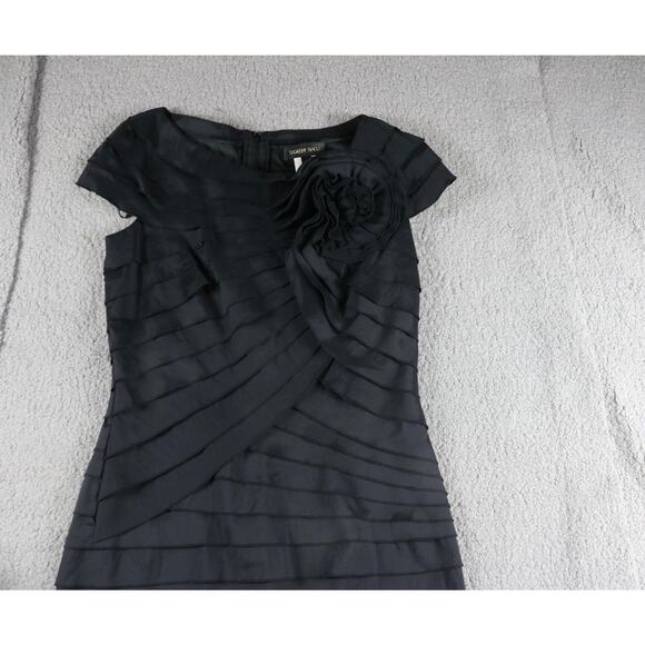 Tadashi Shoji Dress 12 Black Pleated Rosette Cap Sleeve Shutter Cocktail Formal - Picture 6 of 8